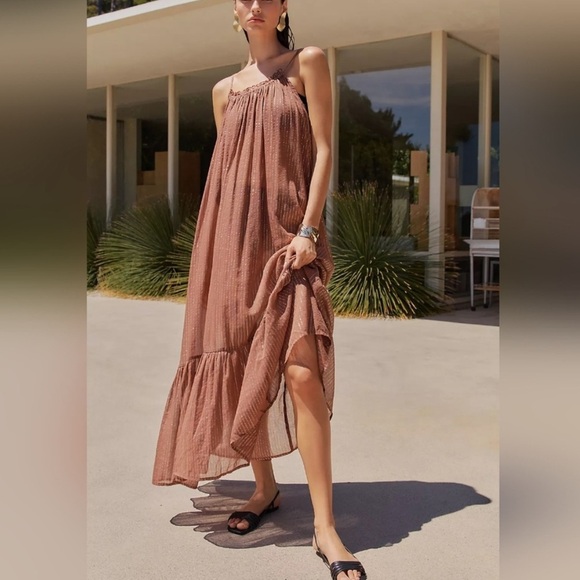 Anthropologie Mailka Relaxed Sundress Chocolate Metallic Malt Resort Wear Maxi M - Picture 2 of 4